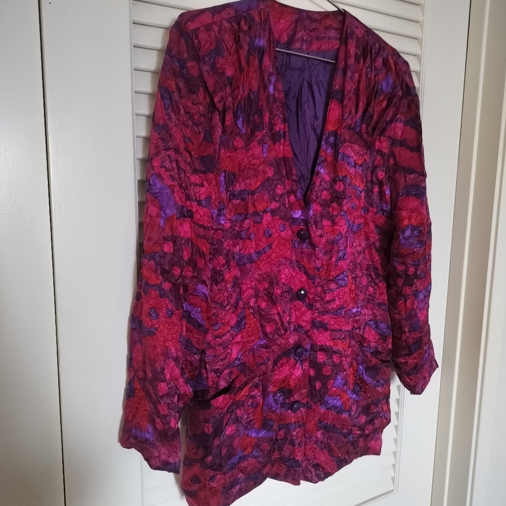 Vintage 80s Crinkle Silk Jacquard Blazer Jacket Abstract Fuchsia Purple Medium